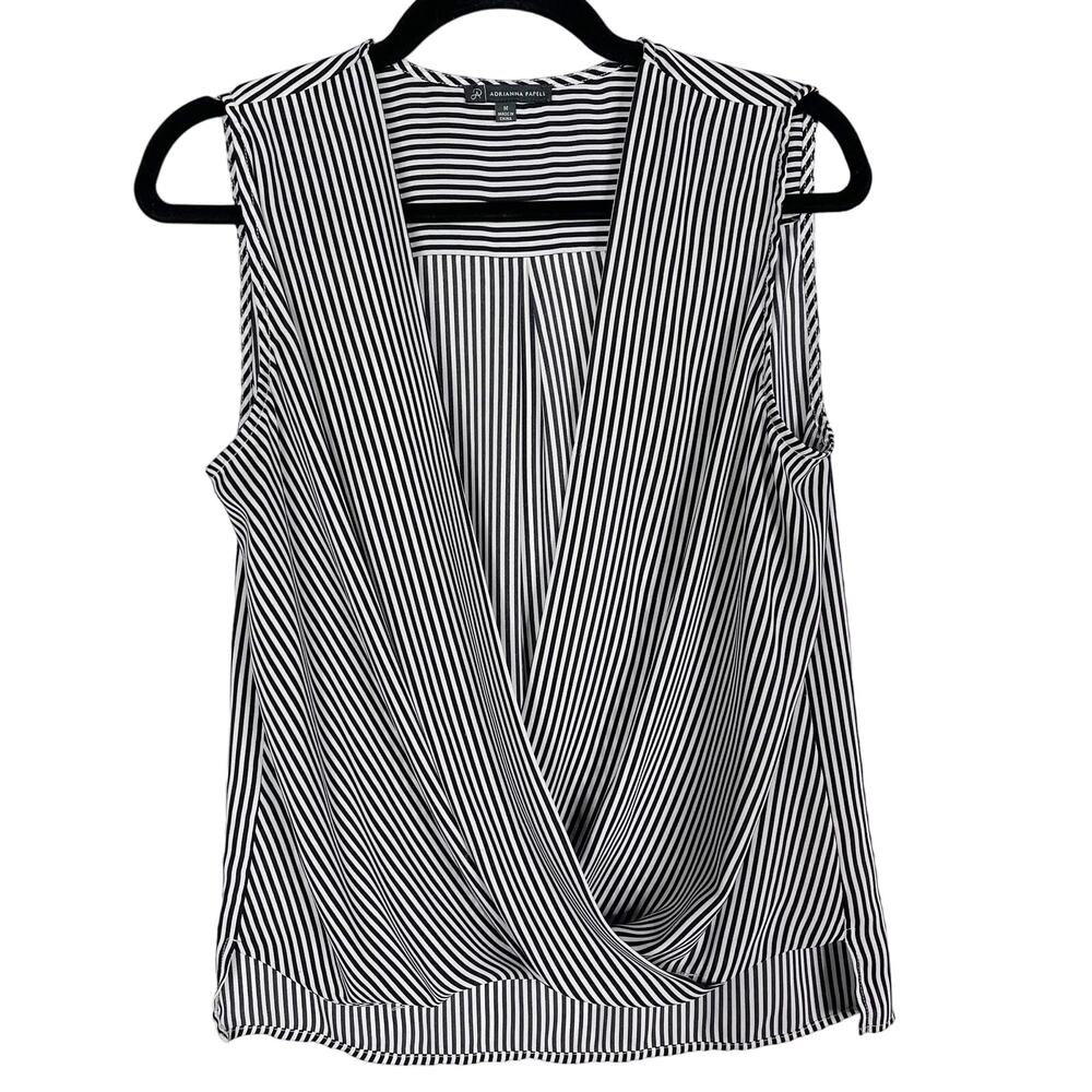 Adrianna Papell M Black White Pencil Striped Surplice Neck Sleeveless Blouse Top